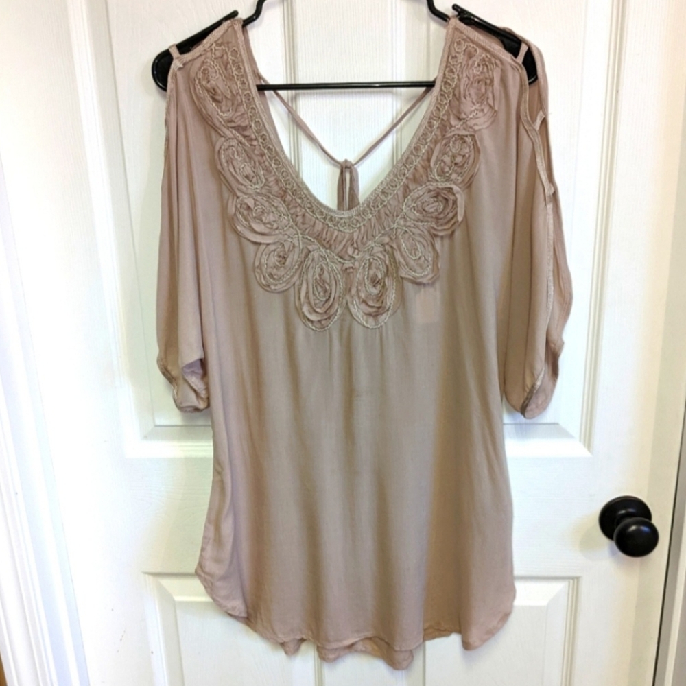 Love Stitch Tan Blouse with Lace Detail